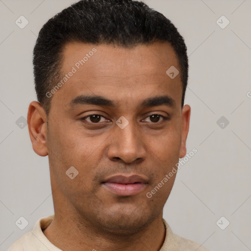 Neutral latino young-adult male with short  black hair and brown eyes