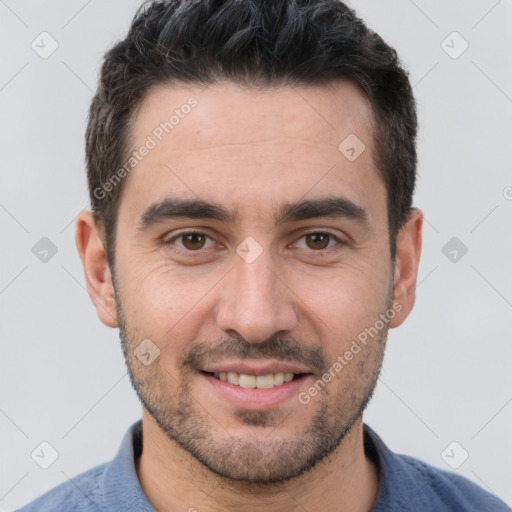 Joyful white young-adult male with short  brown hair and brown eyes