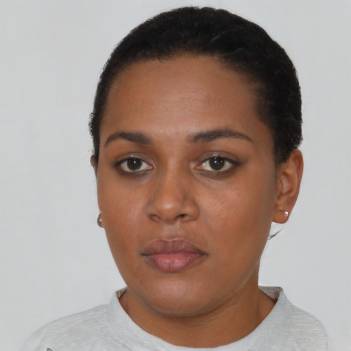 Neutral latino young-adult female with short  black hair and brown eyes