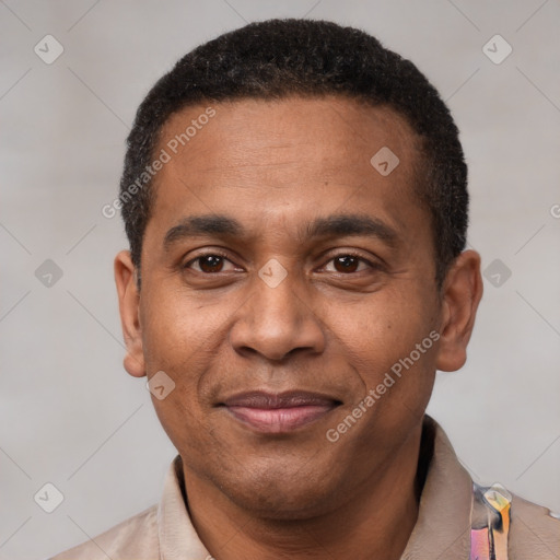 Joyful latino adult male with short  black hair and brown eyes