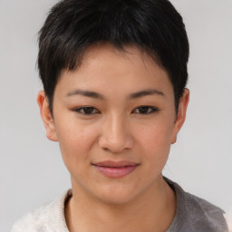 Joyful asian young-adult female with short  brown hair and brown eyes