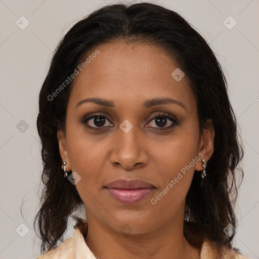Joyful black young-adult female with medium  brown hair and brown eyes