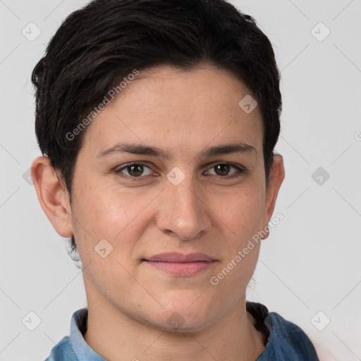 Joyful white young-adult female with short  brown hair and brown eyes