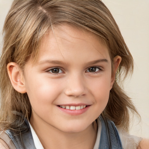 Joyful white child female with medium  brown hair and brown eyes