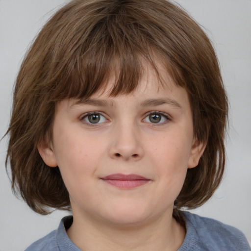 Neutral white child female with medium  brown hair and grey eyes