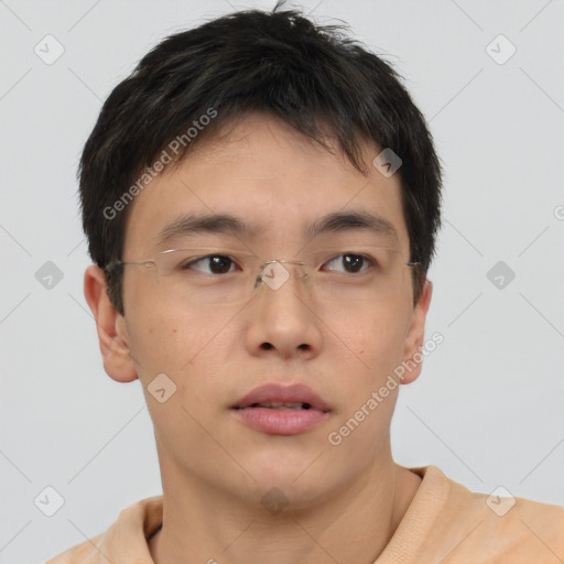 Neutral asian young-adult male with short  brown hair and brown eyes