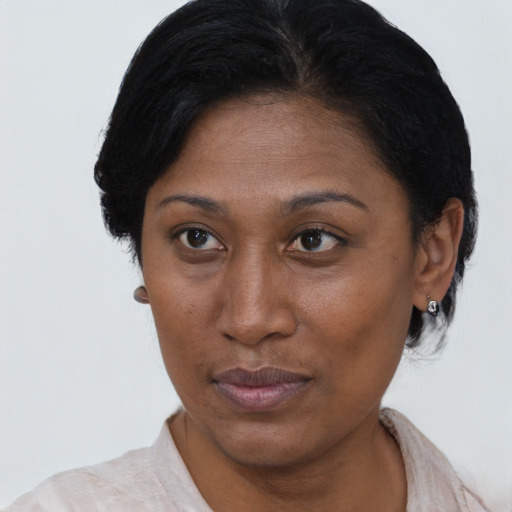 Neutral latino adult female with short  brown hair and brown eyes