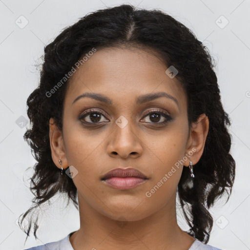 Neutral black young-adult female with medium  brown hair and brown eyes