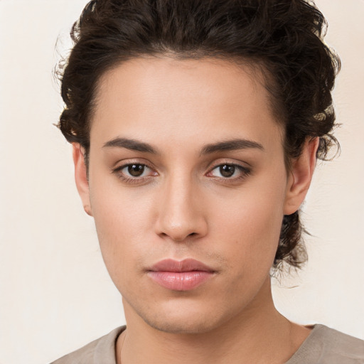 Neutral white young-adult female with short  brown hair and brown eyes