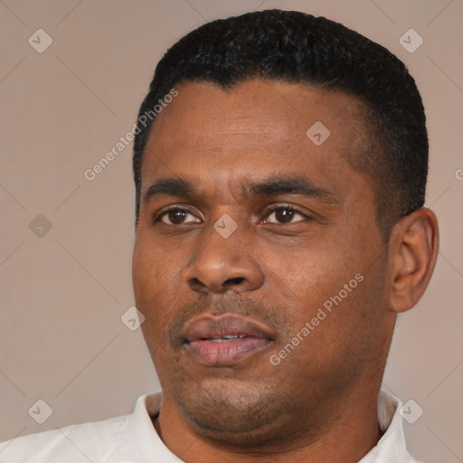 Neutral black young-adult male with short  black hair and brown eyes