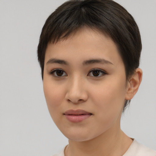 Joyful asian young-adult female with short  brown hair and brown eyes