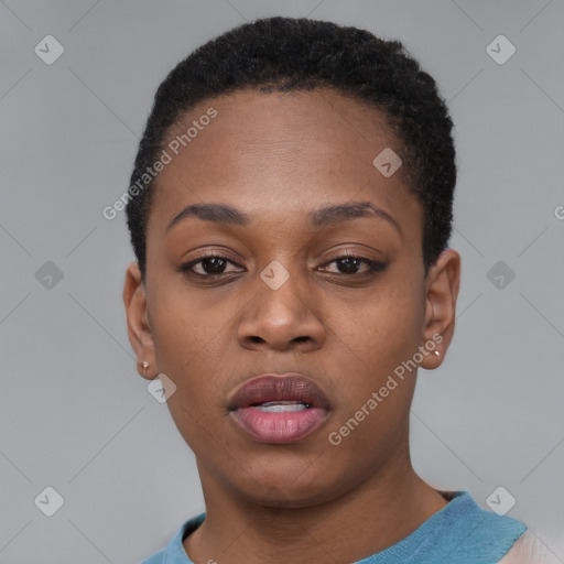 Neutral black young-adult female with short  black hair and brown eyes