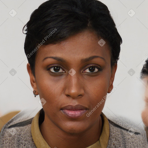 Neutral black young-adult female with short  brown hair and brown eyes