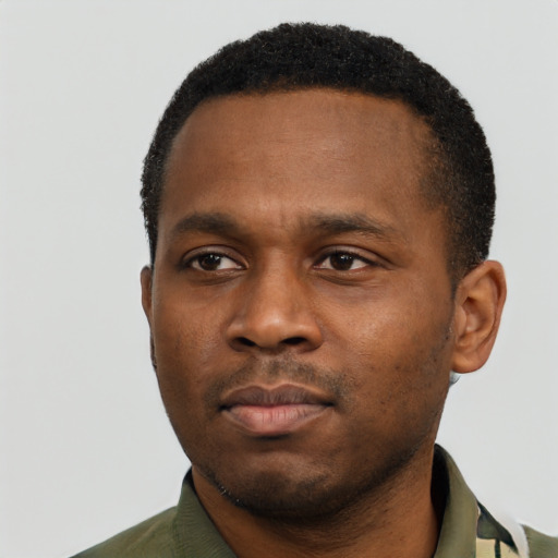 Neutral black young-adult male with short  black hair and brown eyes
