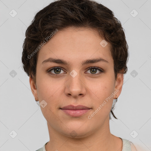 Neutral white young-adult female with short  brown hair and brown eyes