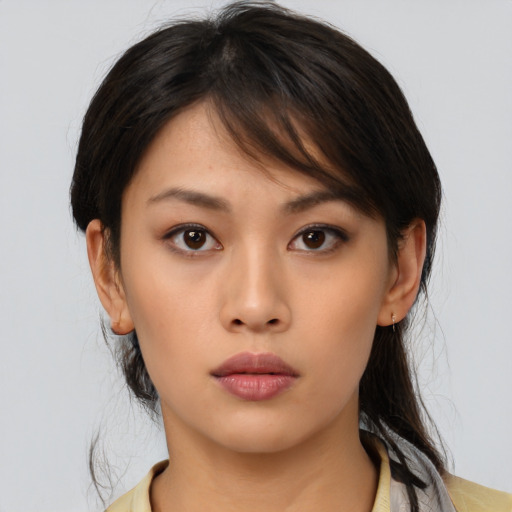 Neutral asian young-adult female with medium  brown hair and brown eyes