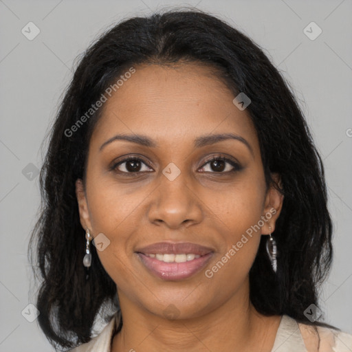 Joyful black young-adult female with medium  brown hair and brown eyes