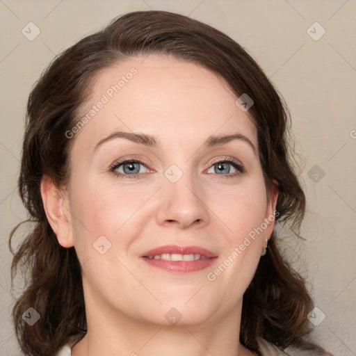 Joyful white young-adult female with medium  brown hair and blue eyes