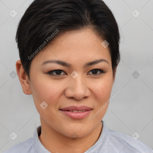 Joyful asian young-adult female with short  brown hair and brown eyes