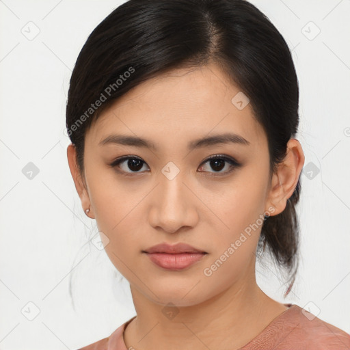 Neutral asian young-adult female with medium  black hair and brown eyes