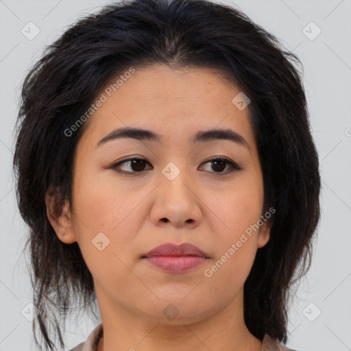 Neutral asian young-adult female with medium  brown hair and brown eyes