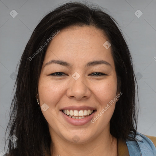 Joyful asian young-adult female with long  brown hair and brown eyes