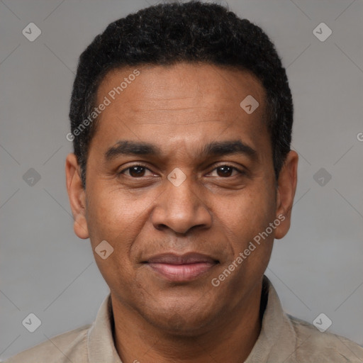 Joyful latino adult male with short  black hair and brown eyes