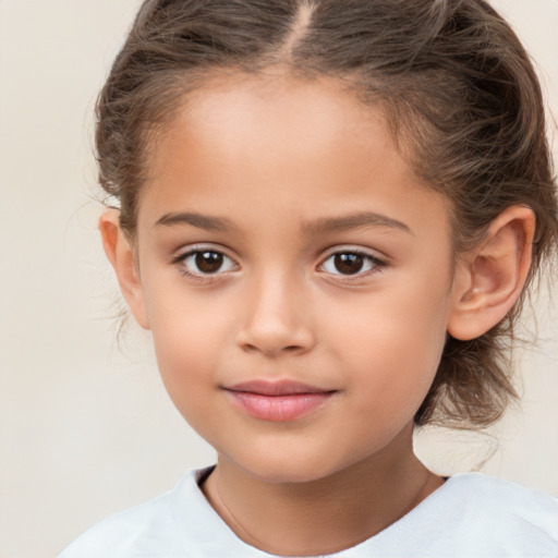 Joyful white child female with medium  brown hair and brown eyes