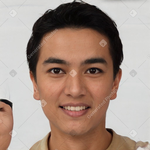 Joyful asian young-adult male with short  black hair and brown eyes