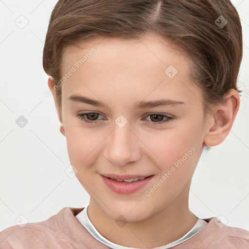 Joyful white child female with short  brown hair and brown eyes