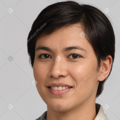 Joyful white young-adult female with medium  brown hair and brown eyes