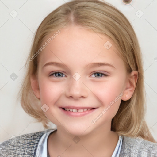 Joyful white child female with medium  brown hair and blue eyes