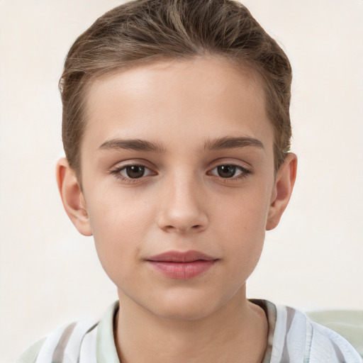 Joyful white child female with short  brown hair and brown eyes