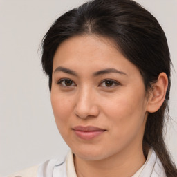 Joyful white young-adult female with medium  brown hair and brown eyes