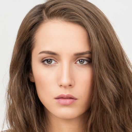 Neutral white young-adult female with long  brown hair and brown eyes