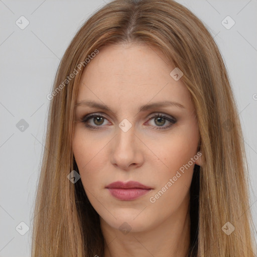 Neutral white young-adult female with long  brown hair and brown eyes