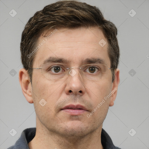 Neutral white adult male with short  brown hair and brown eyes