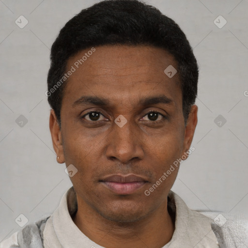 Neutral black young-adult male with short  black hair and brown eyes