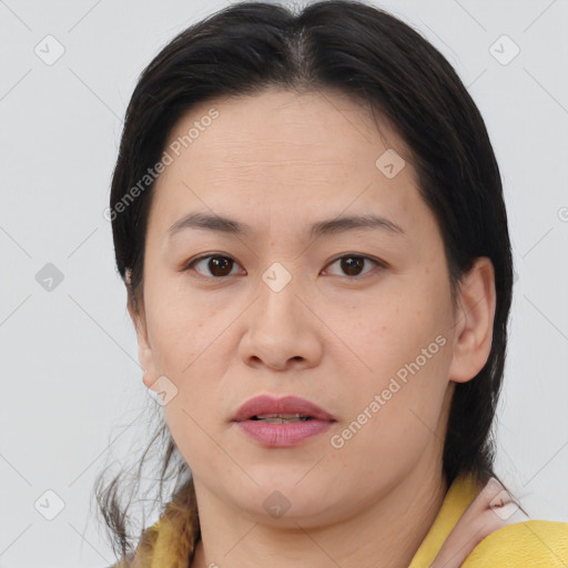 Neutral white young-adult female with medium  brown hair and brown eyes
