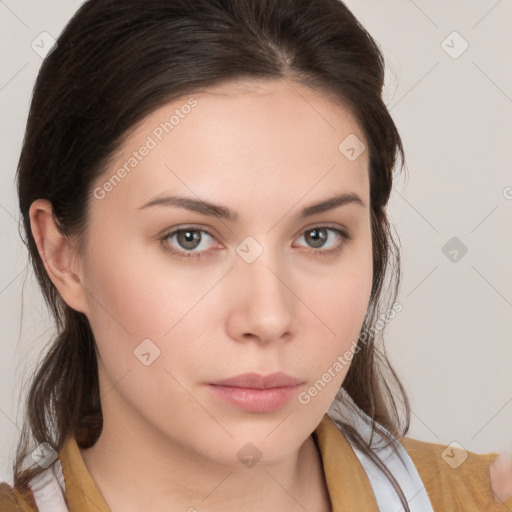 Neutral white young-adult female with medium  brown hair and brown eyes