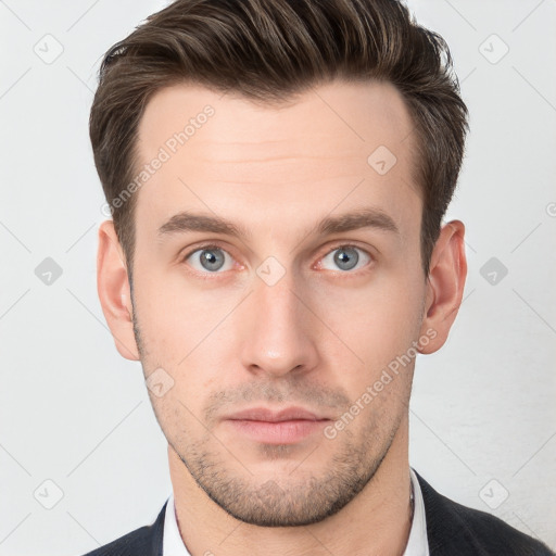 Neutral white young-adult male with short  brown hair and grey eyes