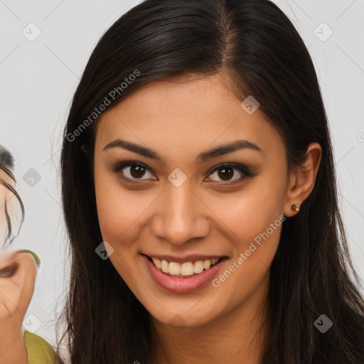 Joyful white young-adult female with long  brown hair and brown eyes