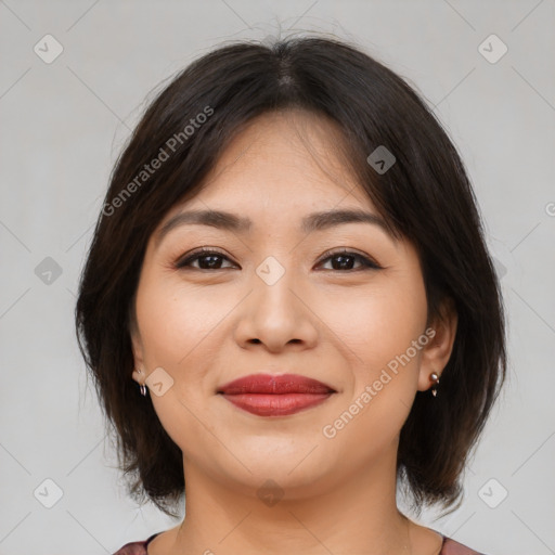 Joyful white young-adult female with medium  brown hair and brown eyes