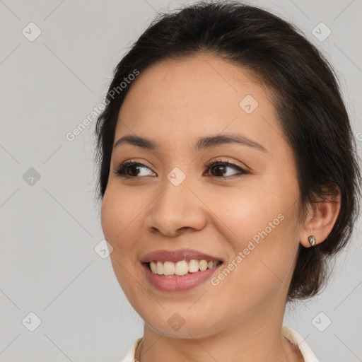 Joyful white young-adult female with medium  brown hair and brown eyes