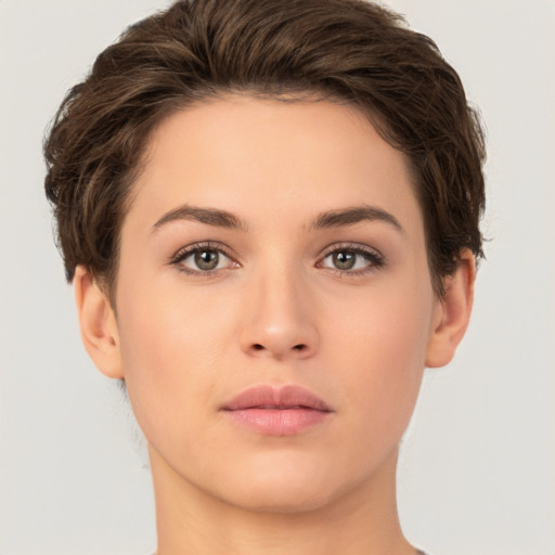 Neutral white young-adult female with short  brown hair and brown eyes