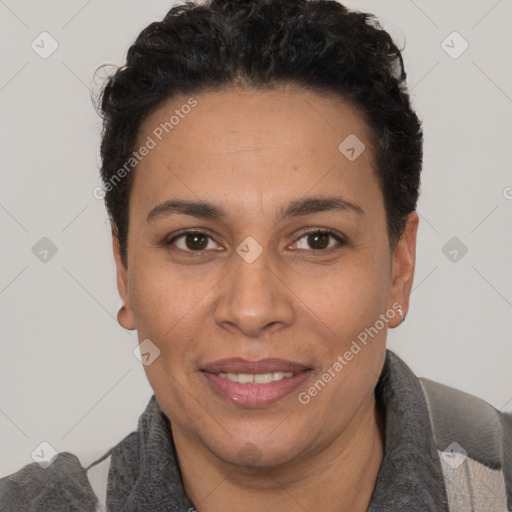 Joyful white adult female with short  brown hair and brown eyes