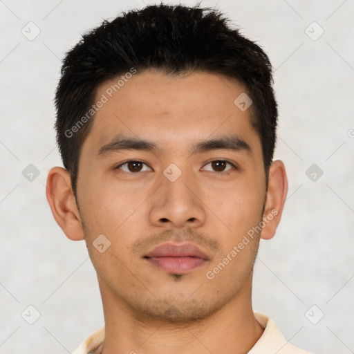 Neutral asian young-adult male with short  black hair and brown eyes