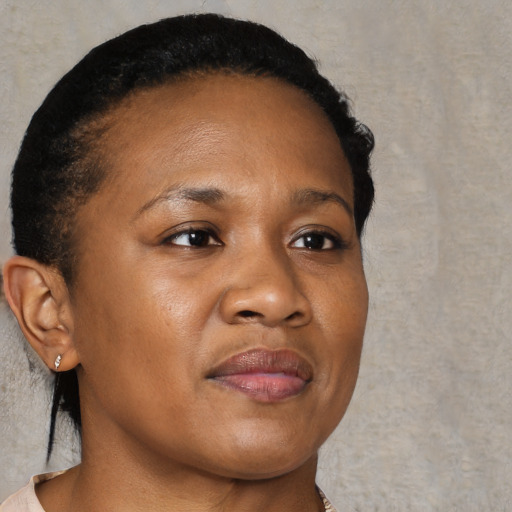 Neutral black young-adult female with short  brown hair and brown eyes