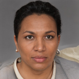 Neutral black adult female with short  brown hair and brown eyes