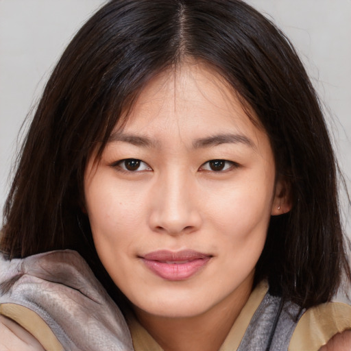 Joyful asian young-adult female with medium  brown hair and brown eyes